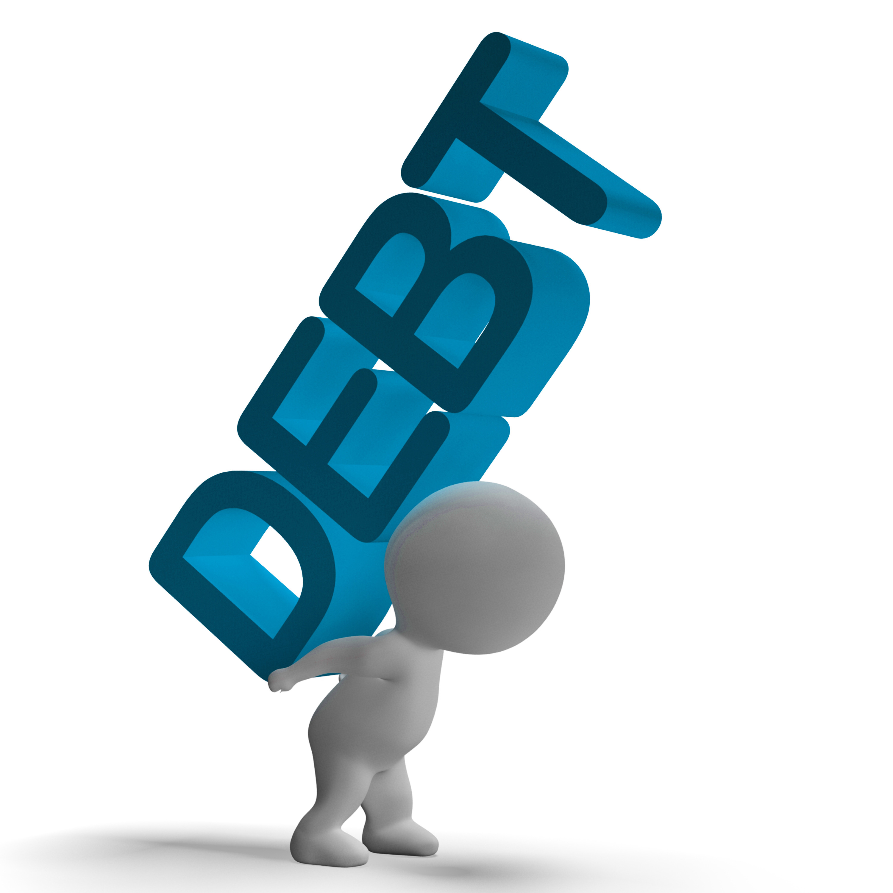 Debt Word And 3d Character Showing Bankruptcy And Poverty
